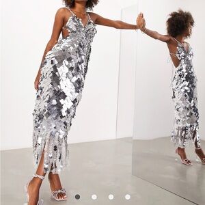 ASOS EDITION square paillette sequin midi dress in silver